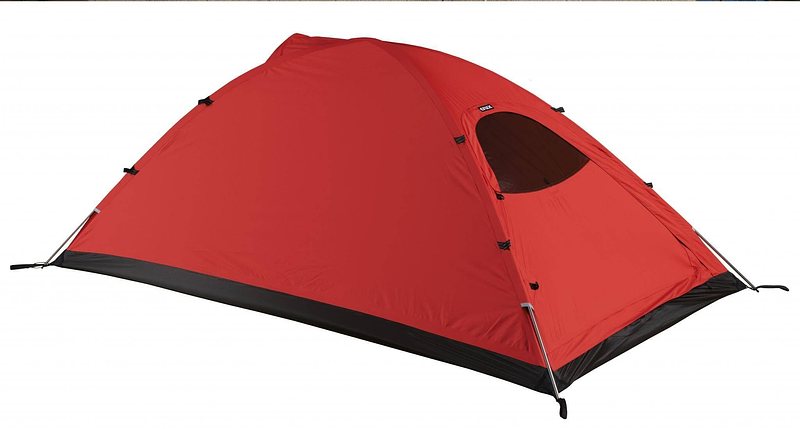 A red tent with a small window