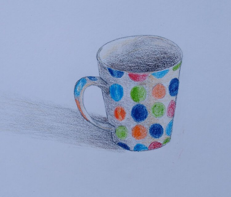 Coloured-pencil drawing of a mug with colourful polka dots on it