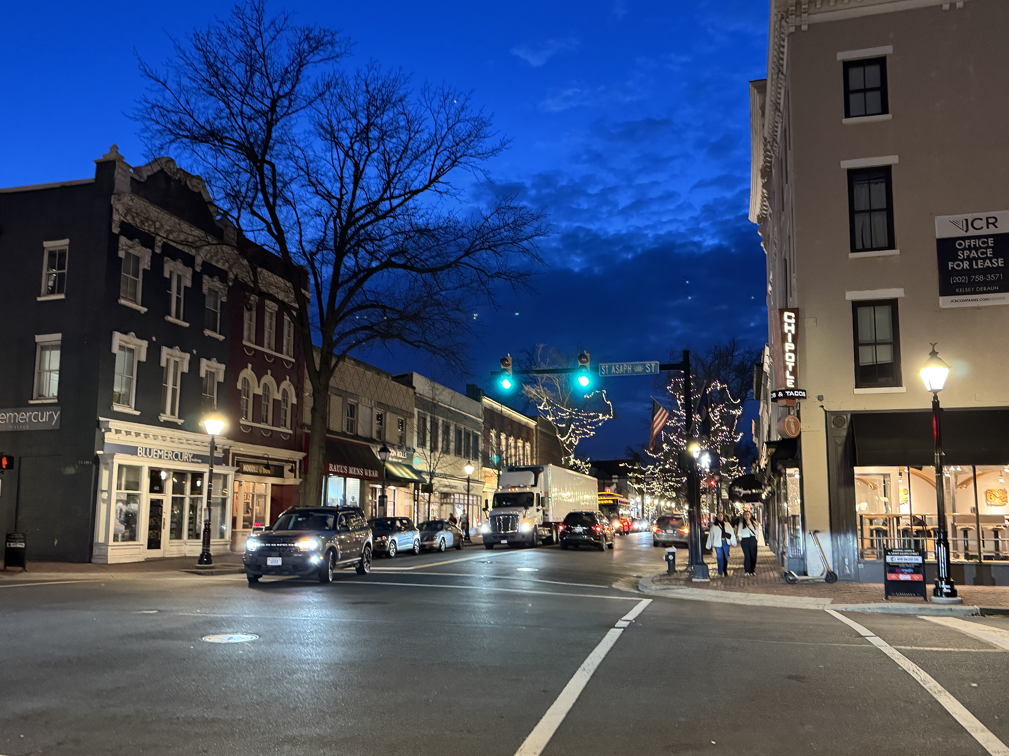 city street, shopping district, historical buildings