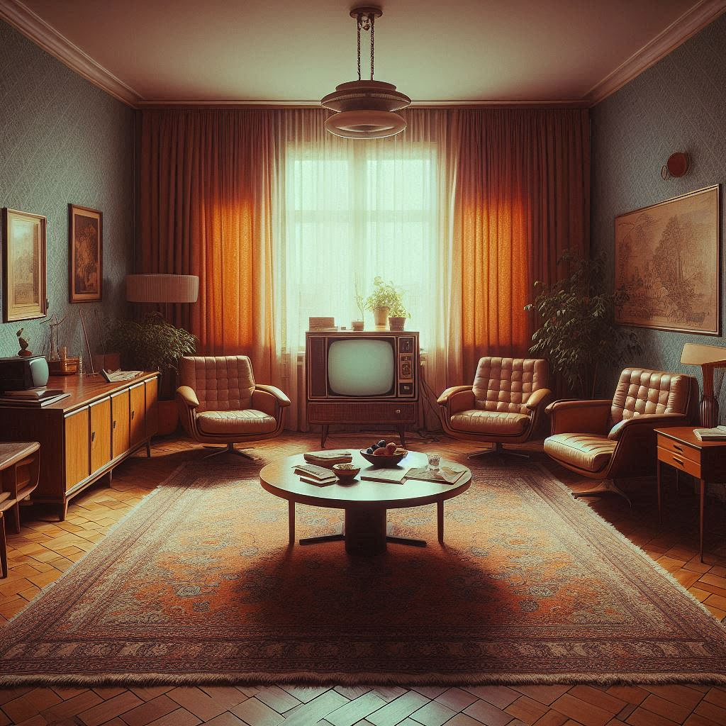 1970 Living room with TV , brown swivel chars and tables