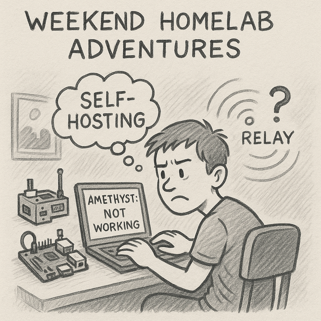 Hand-drawn, black-and-white sketch-style cartoon showing a frustrated person sitting at a desk with a Raspberry Pi and a laptop that displays the message "Amethyst: Not Working." A thought bubble reads "SELF-HOSTING" and a question mark floats next to the word "RELAY," indicating confusion. The title "Weekend HomeLab Adventures" is written above.