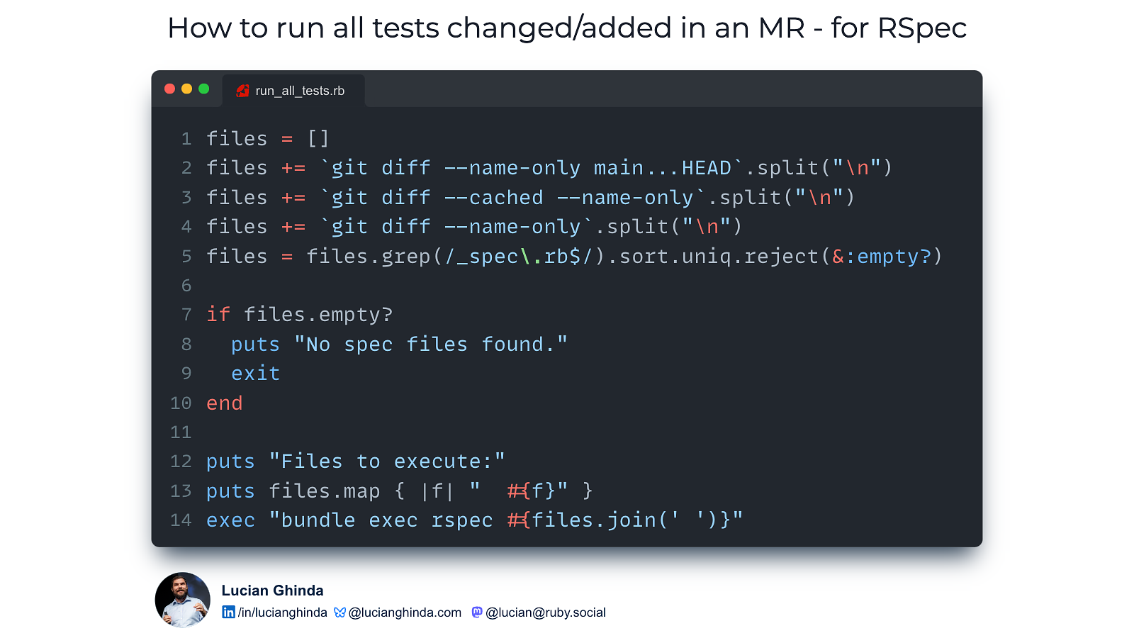 How to run all tests from the current branch using Minitest
