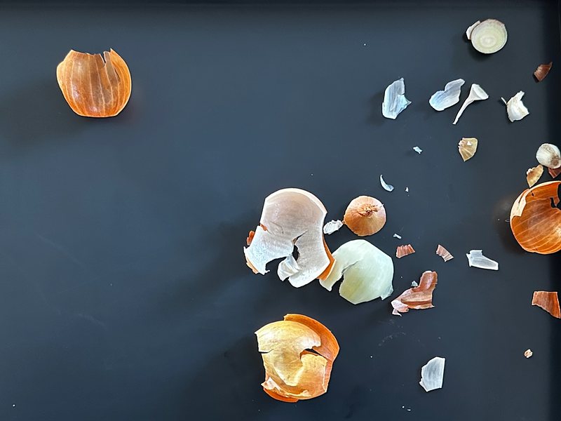 Peelings of onions scattered across a dark surface, with various pieces of brown, white, and translucent skins in assorted sizes.
