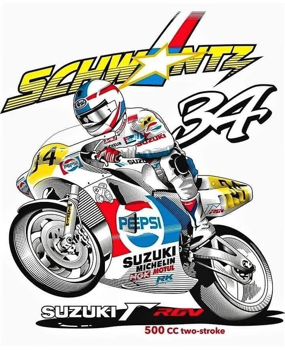 fan art depicting Kevin Schwantz on his Suzuki RGV Gamma 500cc two-stroke racing bike