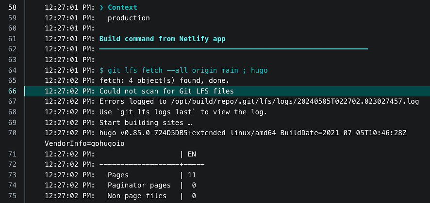 Output of a Netlify build with the git lfs error highlighted