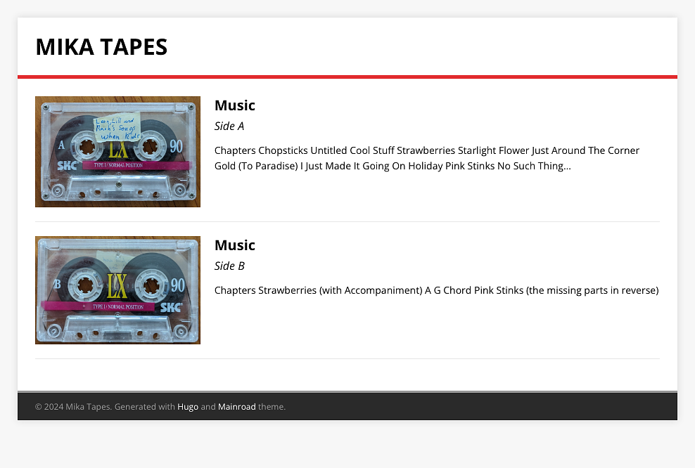 The landing page, listing the available tapes (of which there's only one right now).