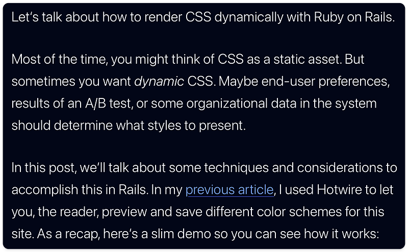 Screenshot of an Excerpt from "How to Render CSS Dynamically in Rails"