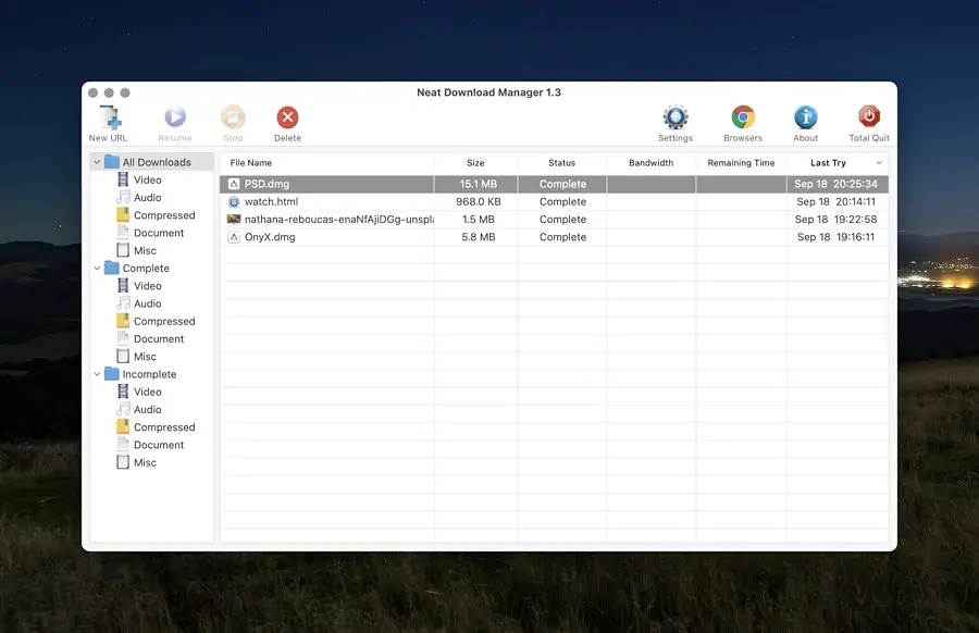 User interface of Neat download manager