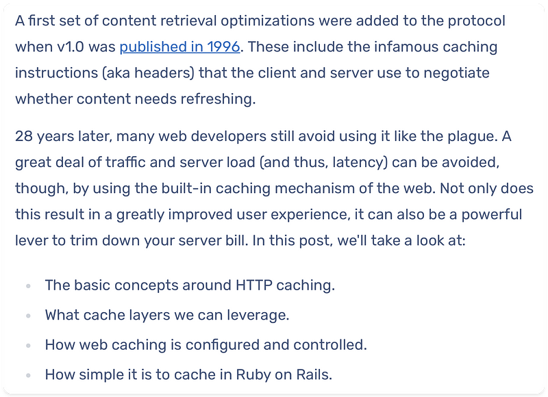 Screenshot with Excerpt from "An Introduction to HTTP Caching in Ruby On Rails" article