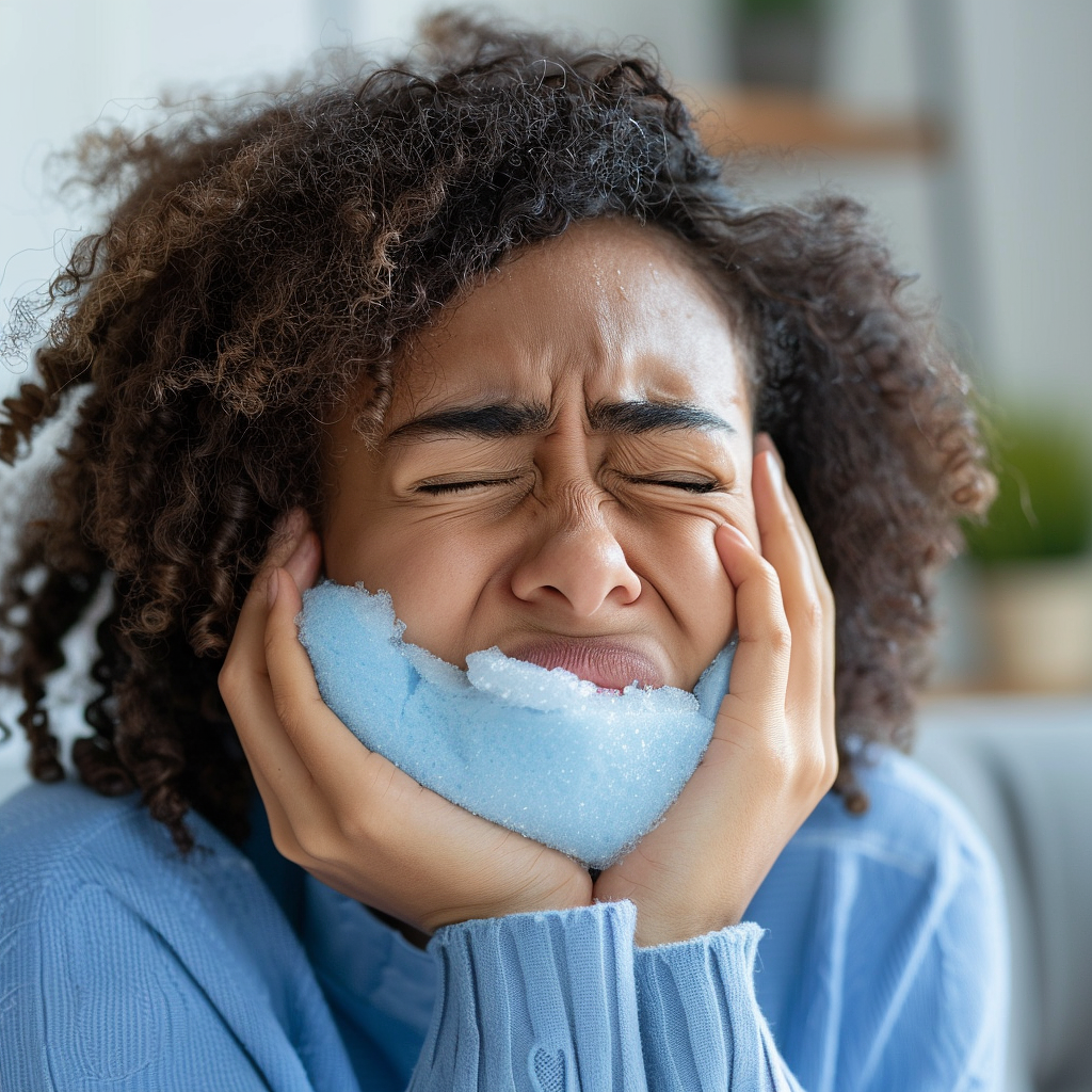 Midjourney prompt: young female adult in pain with ice on her cheeks after getting her wisdom teeth pulled