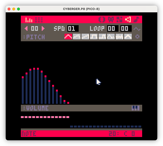 The laser fire sound effect, shown in the Pico-8 sound editor.