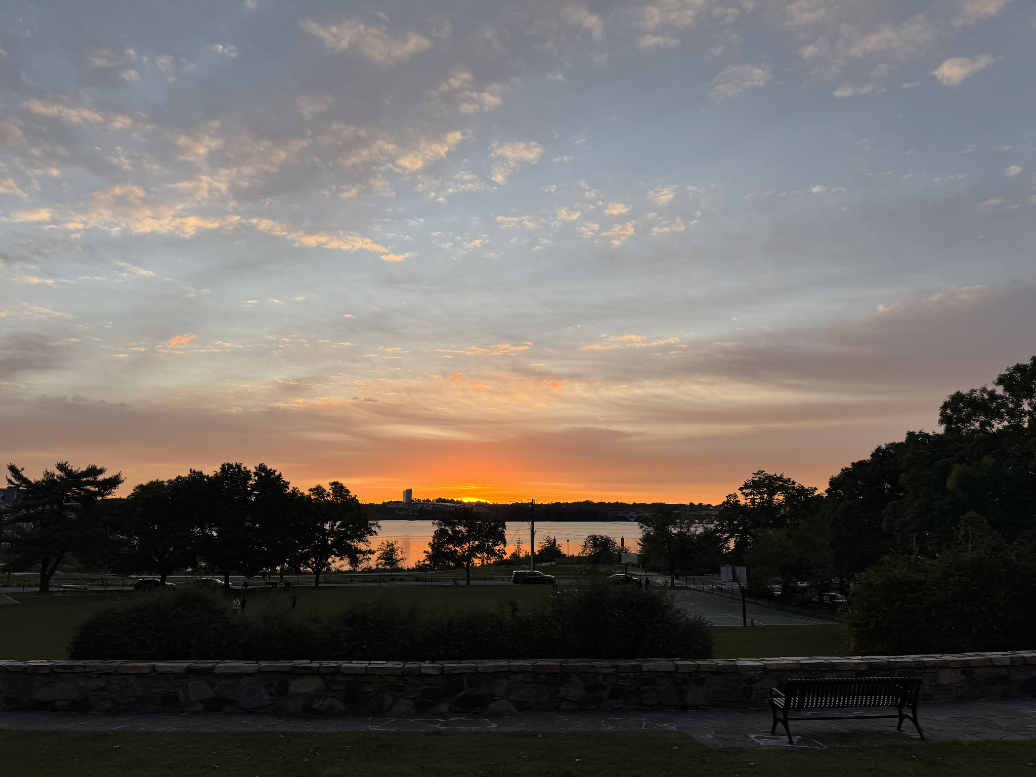 sunrise over a park along the Potomac River