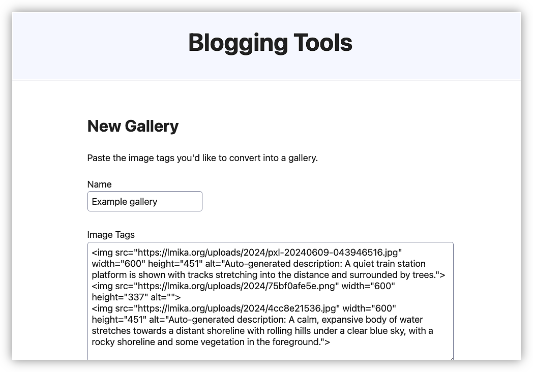 Create a new gallery by pasting the image tags from Micro.blog.