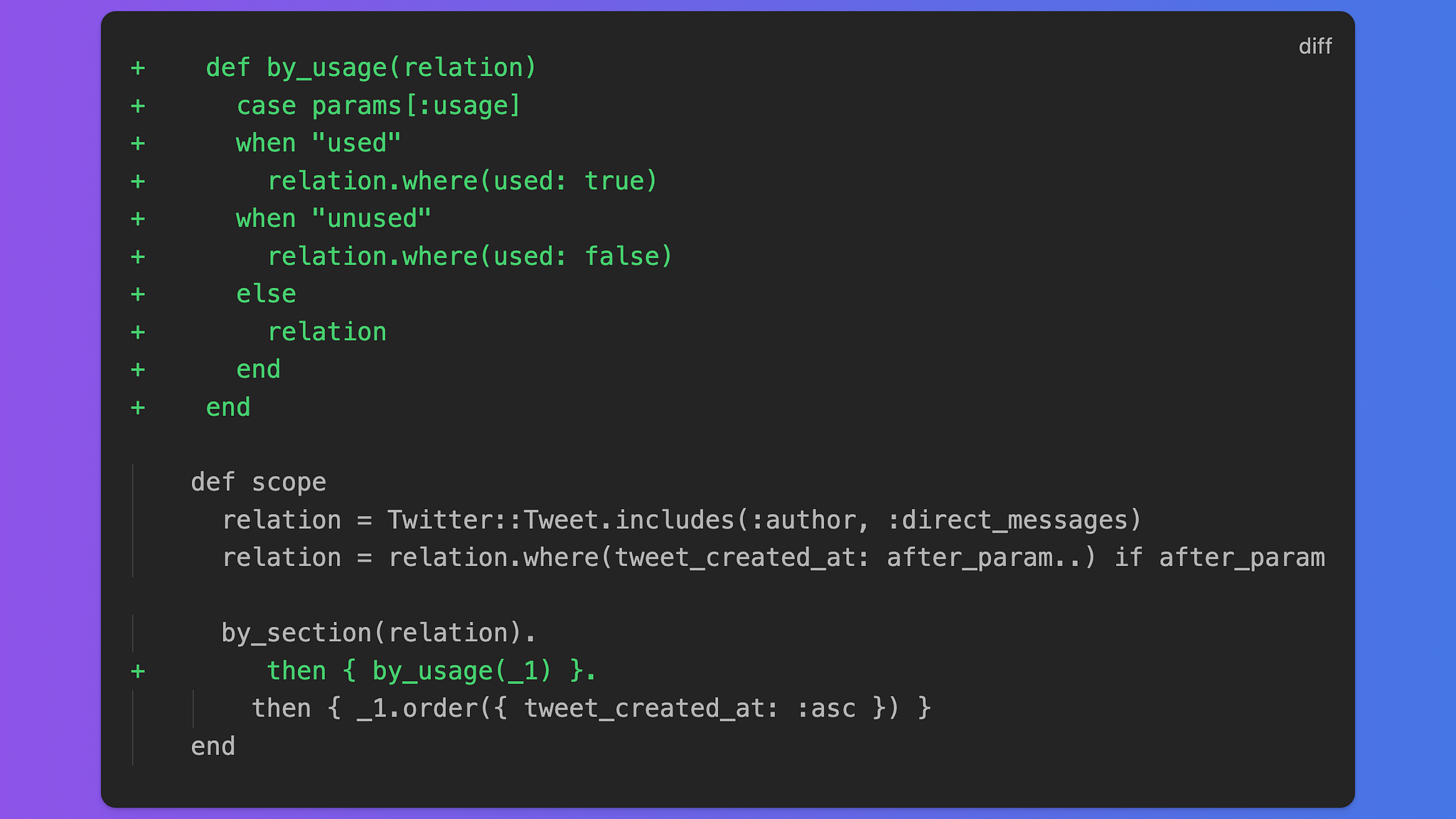 Sample diff about adding a new filter to a query in Ruby