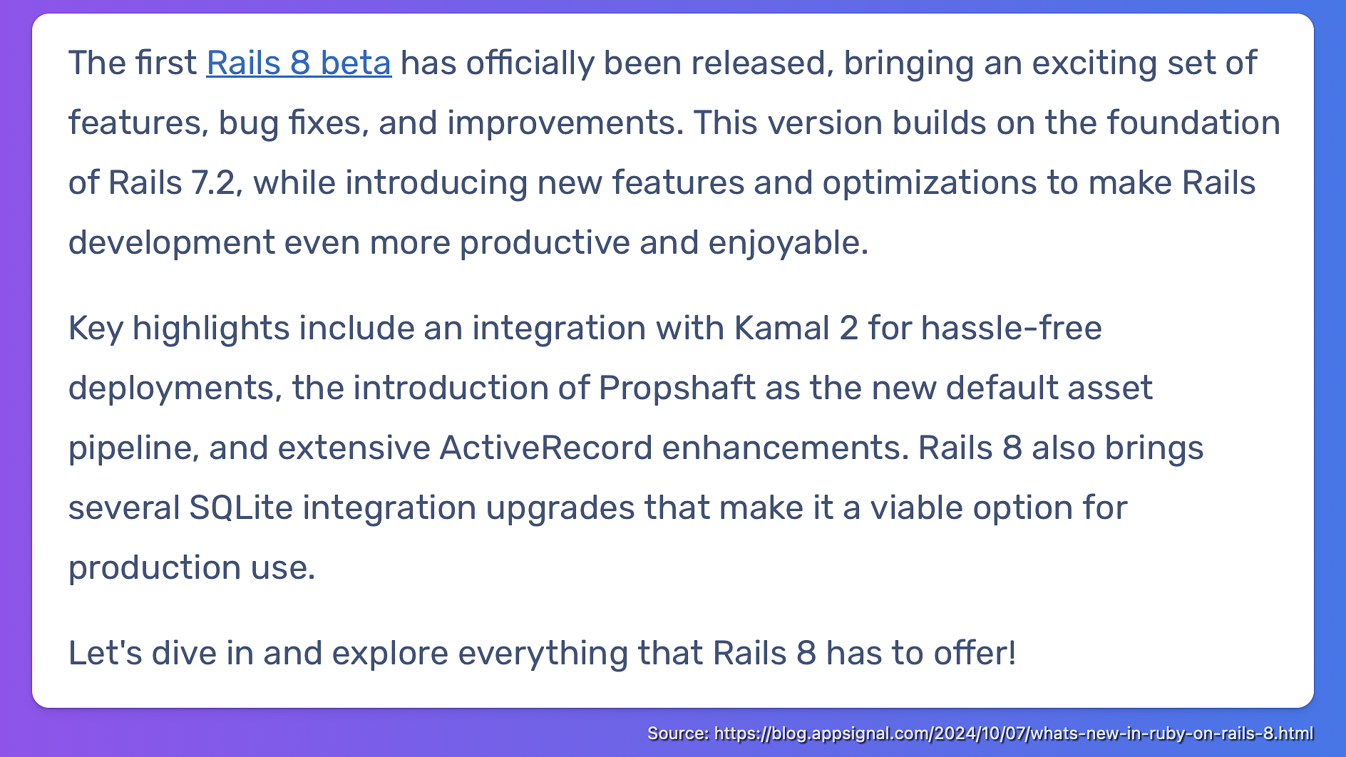 Screenshot of a paragraph from the article What’s New in Ruby on Rails 8 by Damilola Olatunji