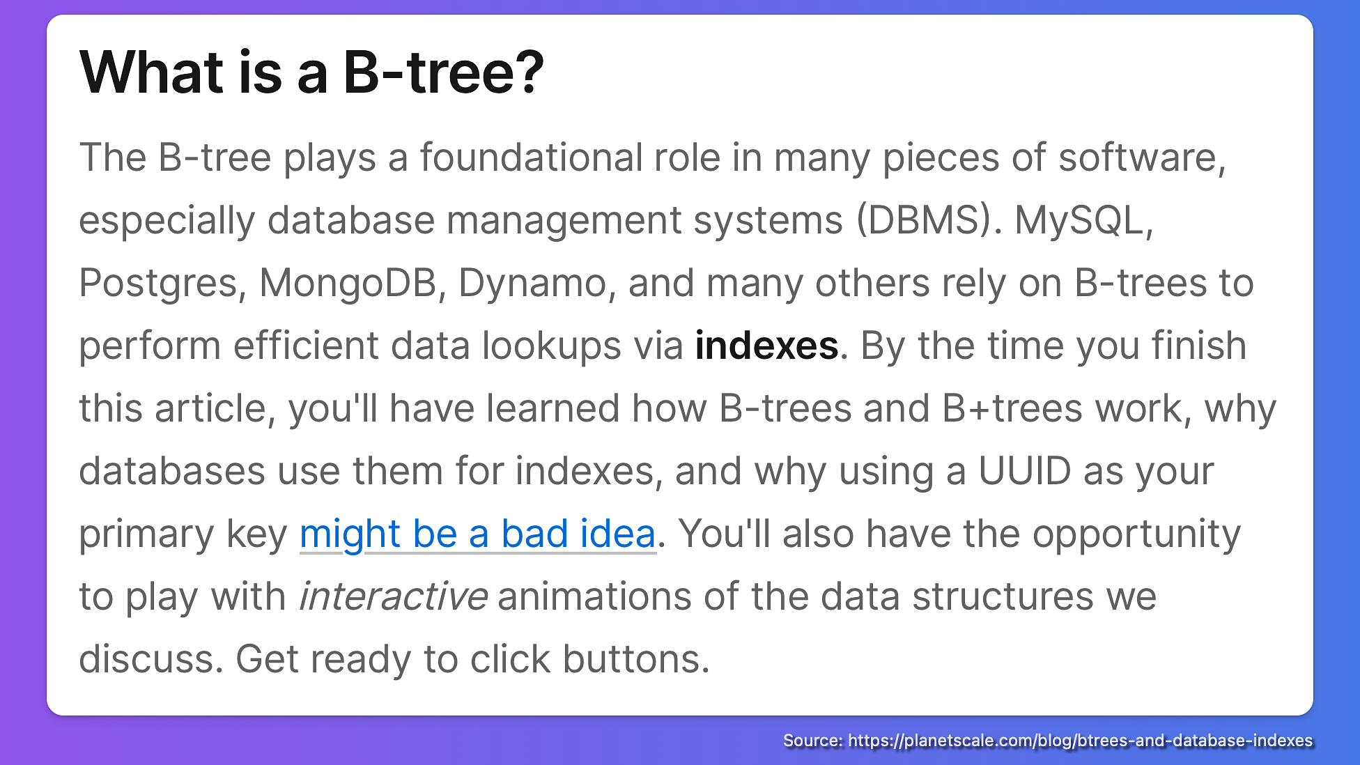 Excerpt from "B-trees and database indexes"