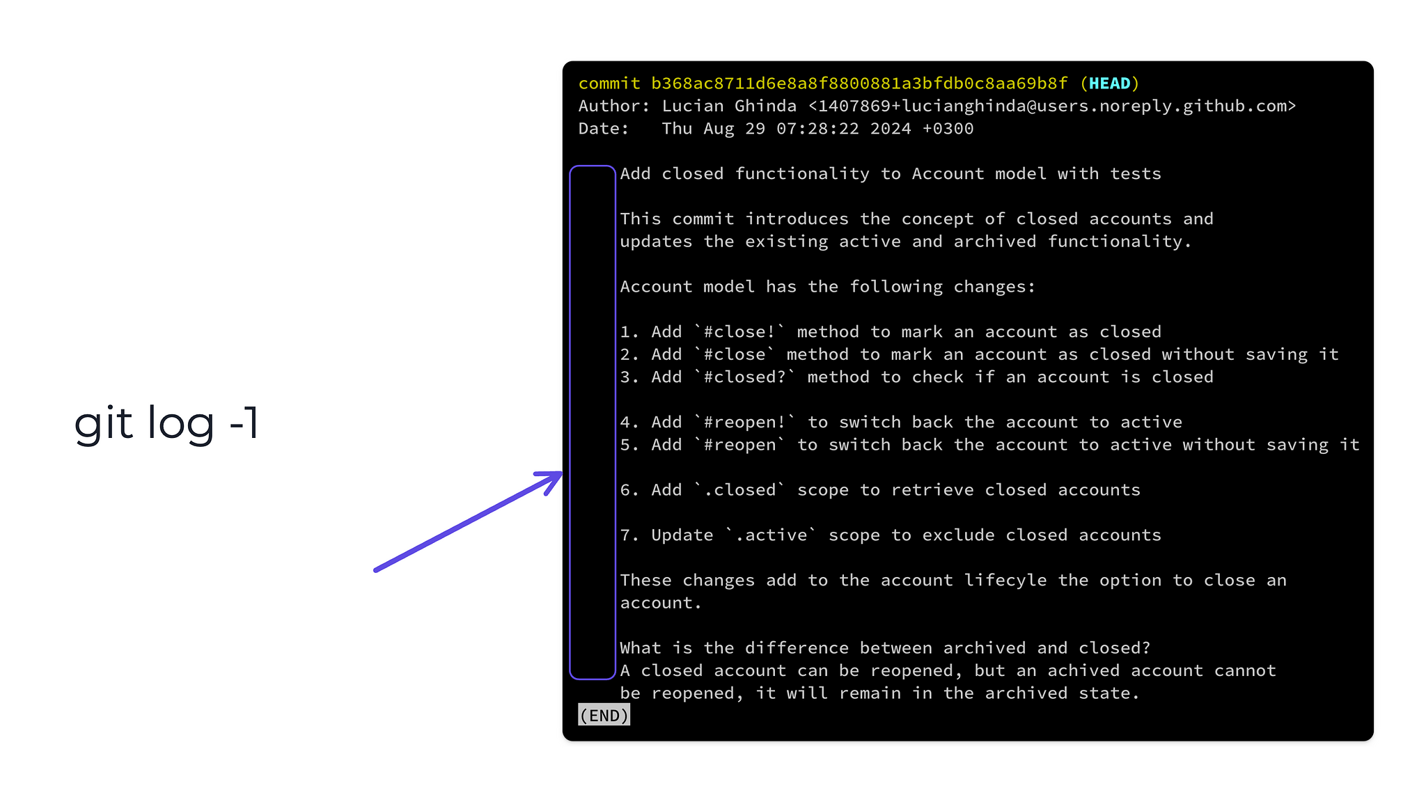 Screenshot of git log command