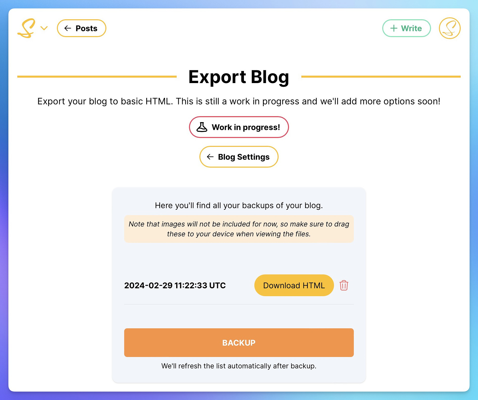 Export Blog Overview Page showing a list of your latest backups.