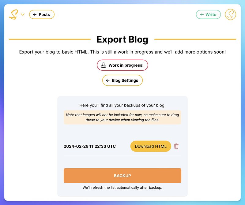 Export Blog Overview Page showing a list of your latest backups.
