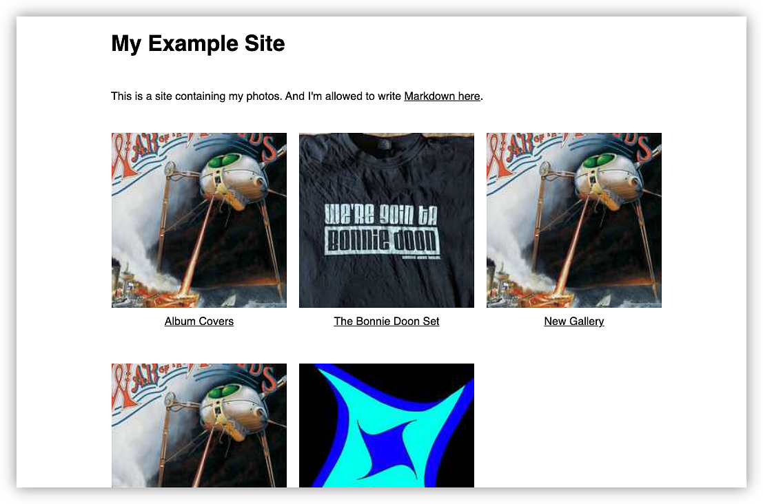 Example of the landing page showing galleries (yes a lot of Jeff Wayne's War of the Worlds album covers in my test images)