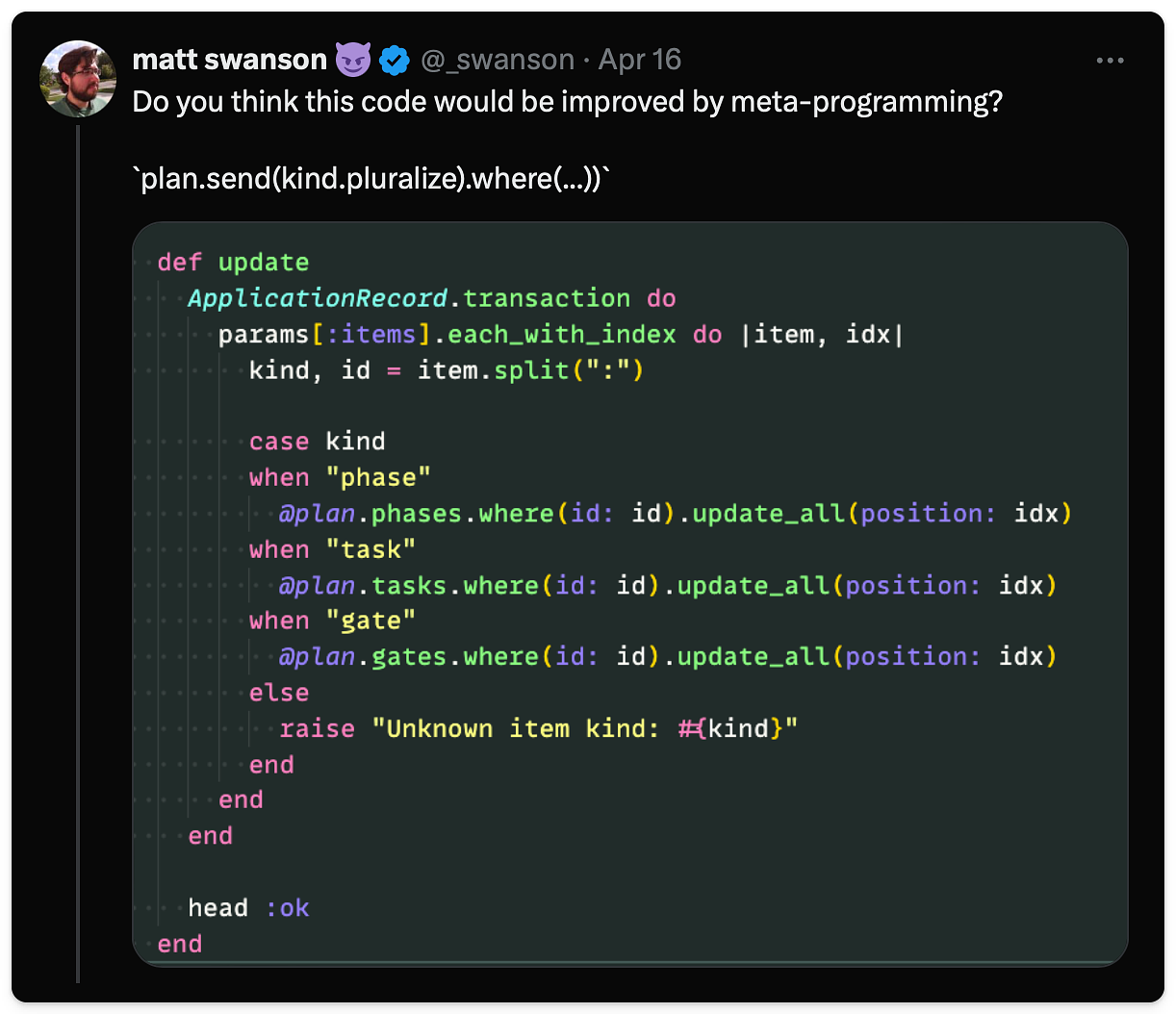 Question about using a case vs meta-programming