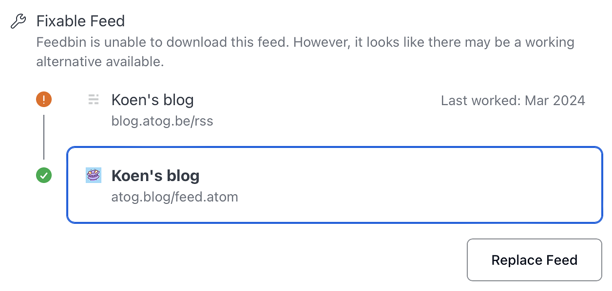 Feedbin screenshot saying there is a fixable feed
