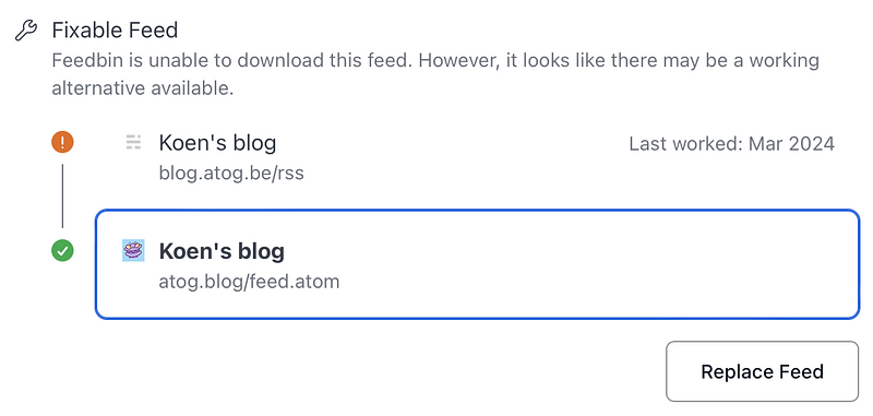 Feedbin screenshot saying there is a fixable feed