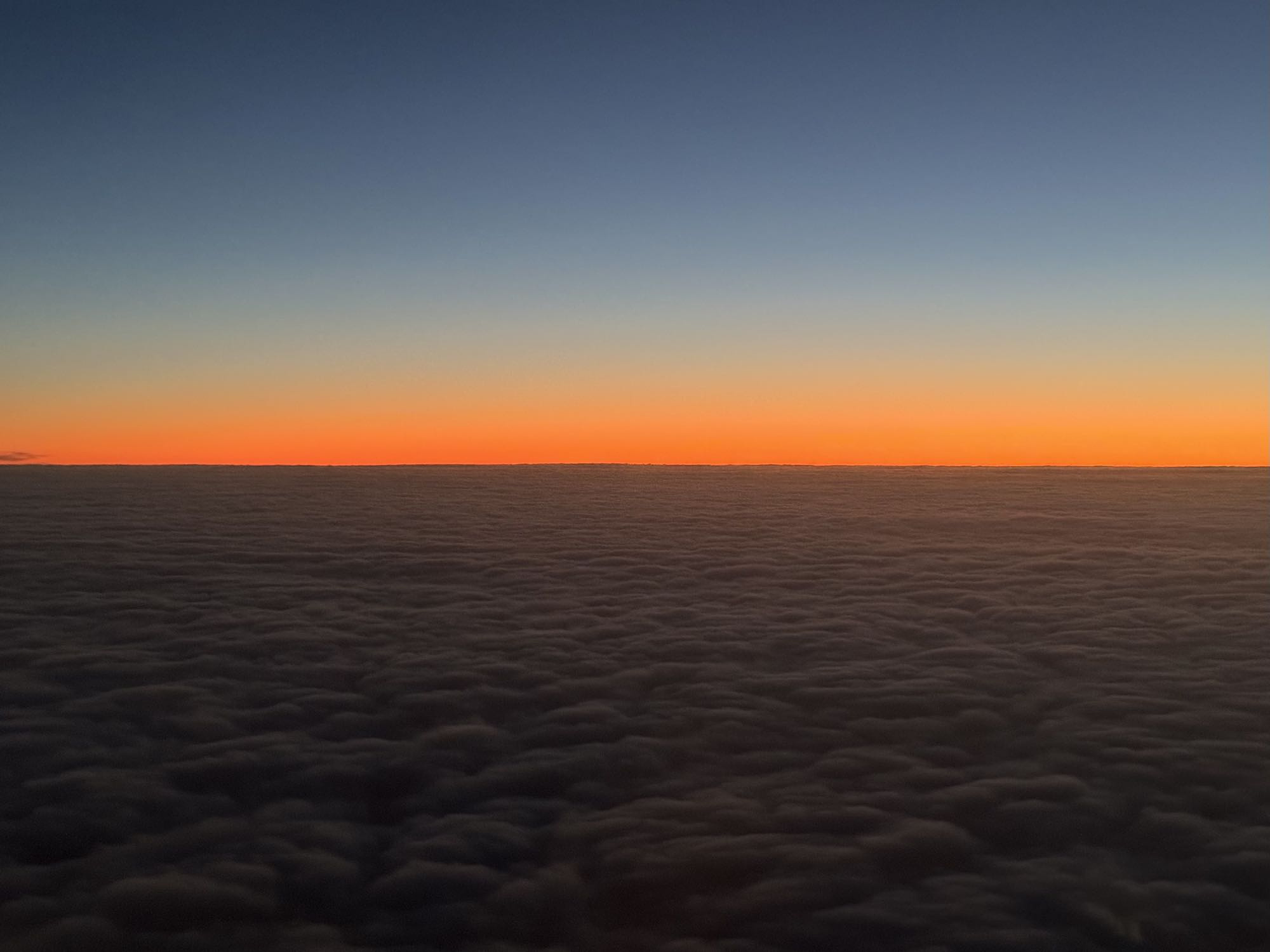 An early sunrise, seen from a plane, as it casts an orange glow on a seamless layer of dense, flat clouds.