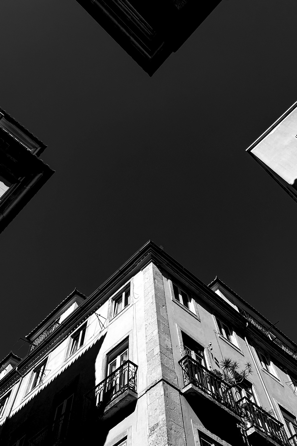 Looking up on a street corner. 