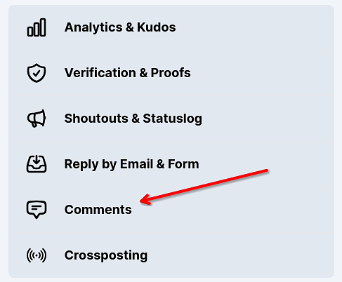 Screenshot of the settings screen in Scribbles.  A red arrow pointing to the Comments option