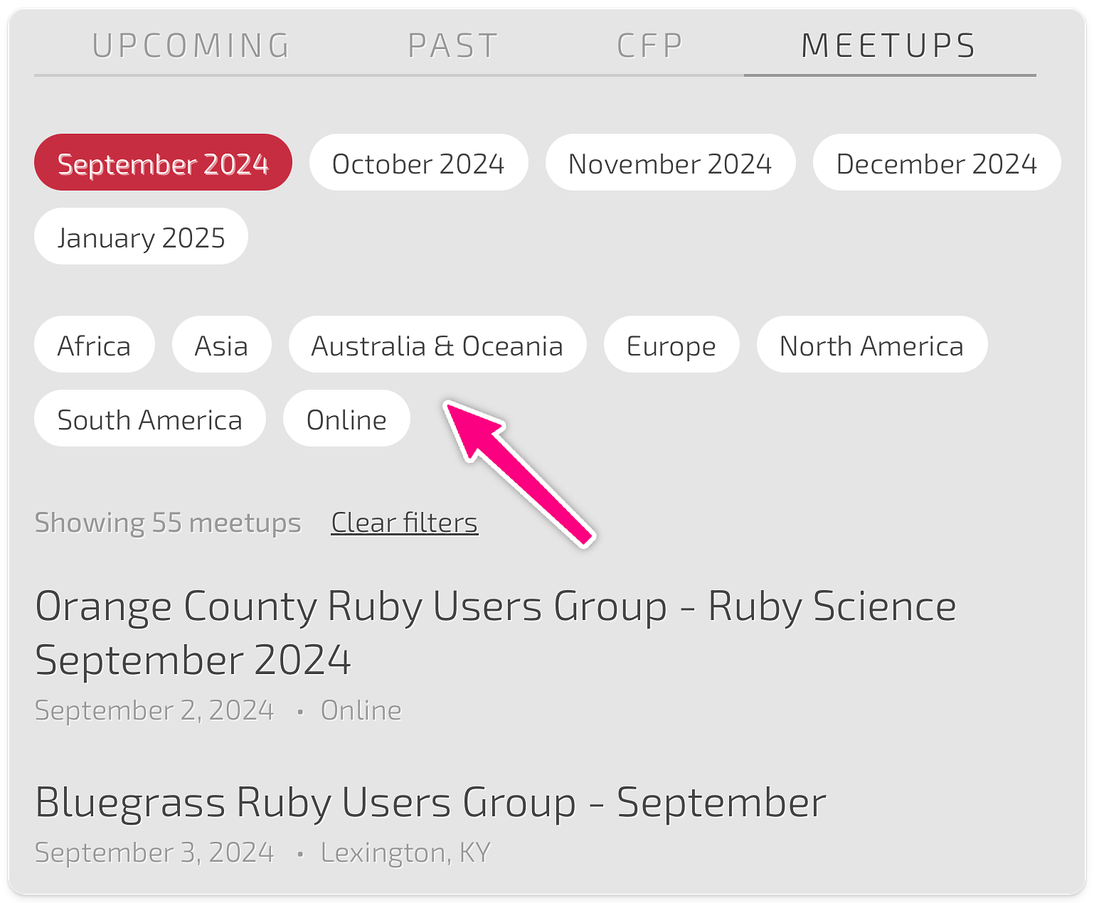 RubyConferences filters