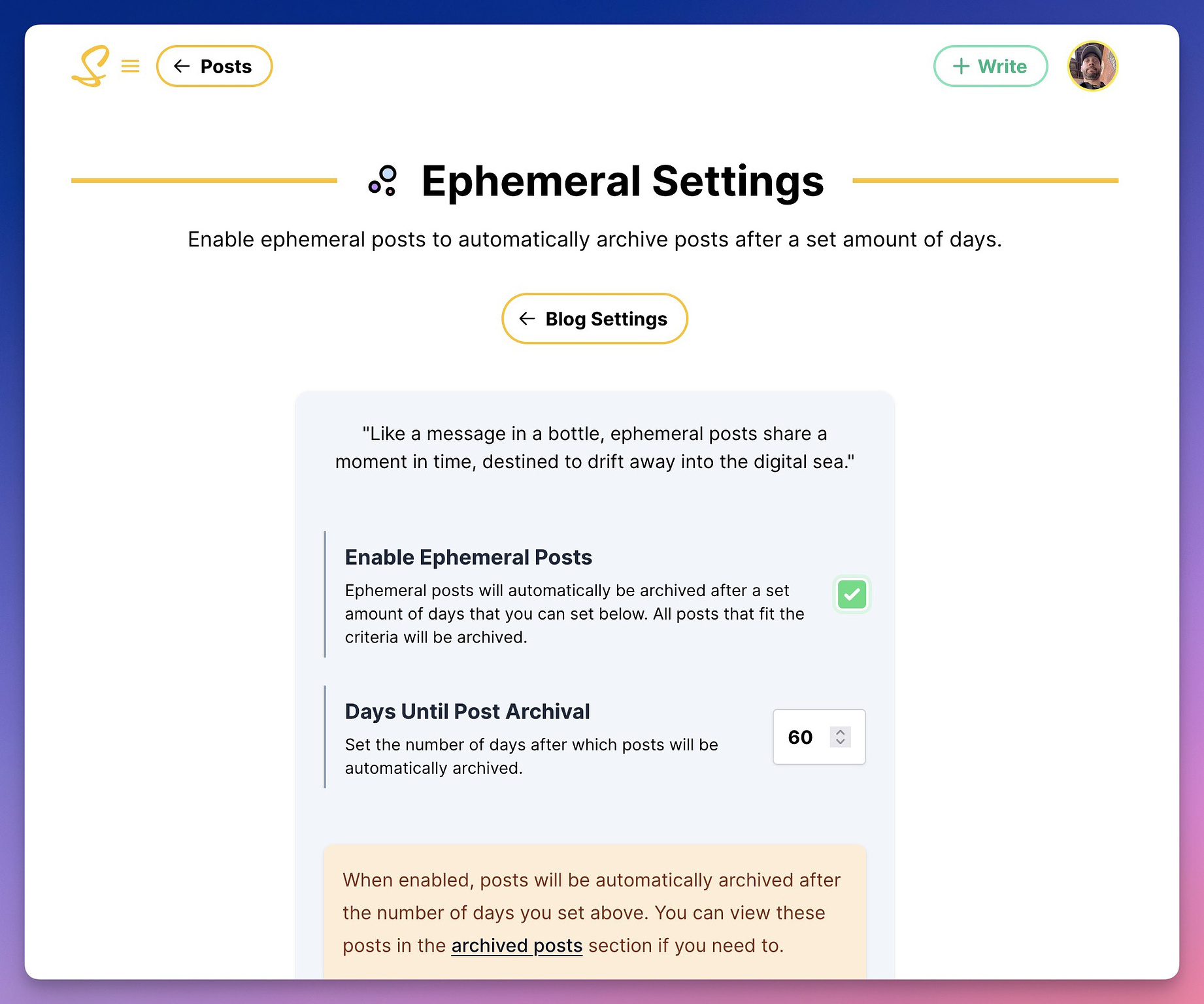 Ephemeral settings to enable/disable and set the amount of days until posts are archived.