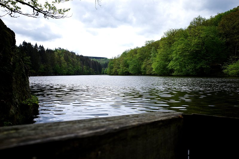 Zicht op Lac de Nisramont van één van de laagste punten