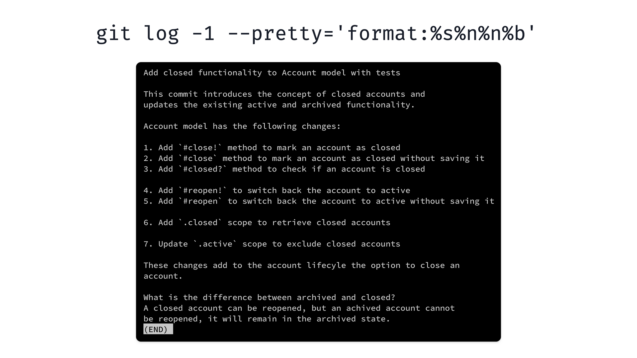 Image with the output when executing a git command with format