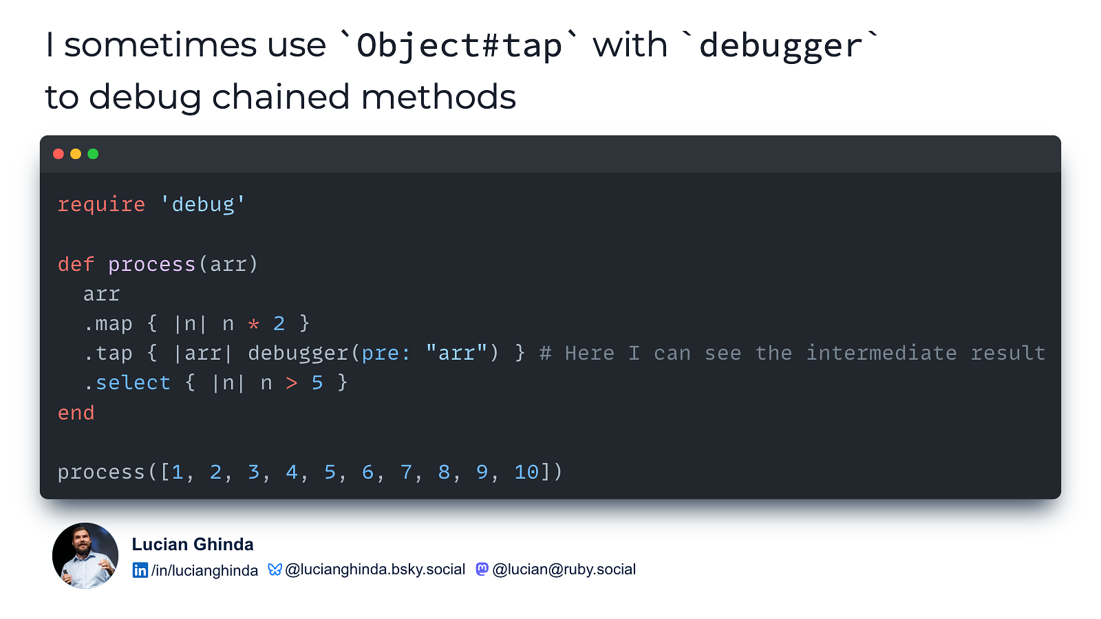 Code sample showing tap and debugger