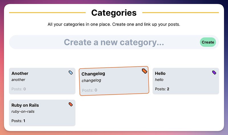 Categories shown alphabetically, with the just created one highlighted. Also includes post counts if you've added posts to the category.