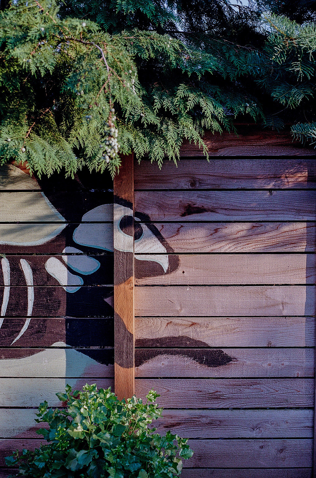 A stylized rabbit skeleton painting on a fence