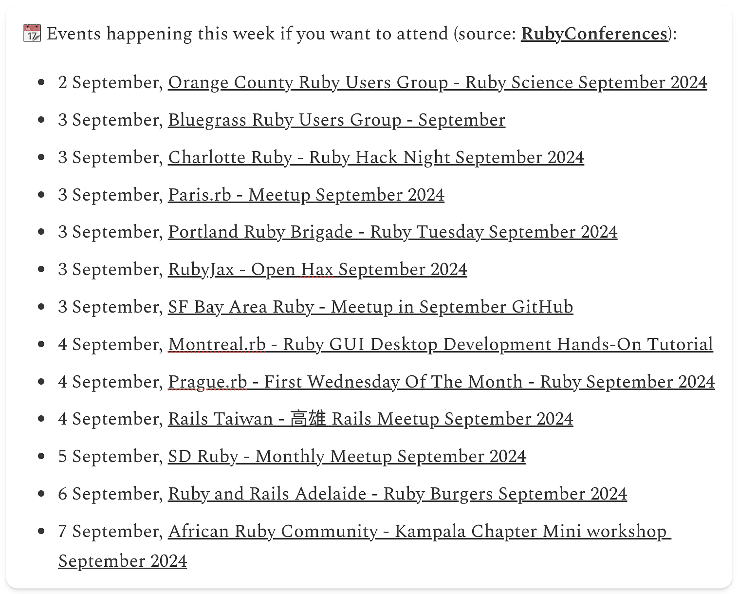 Screenshot of a list of Ruby conferences happening in September