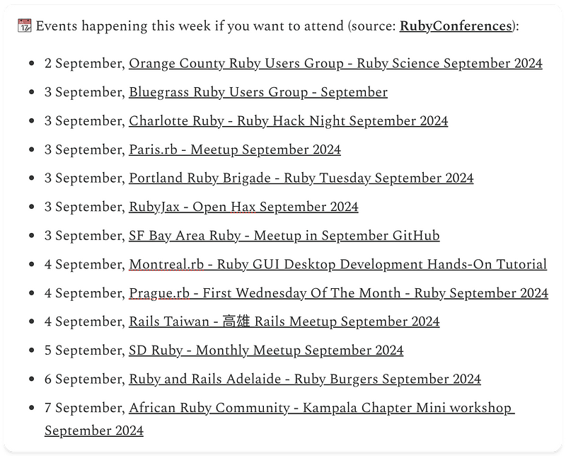 Screenshot of a list of Ruby conferences happening in September