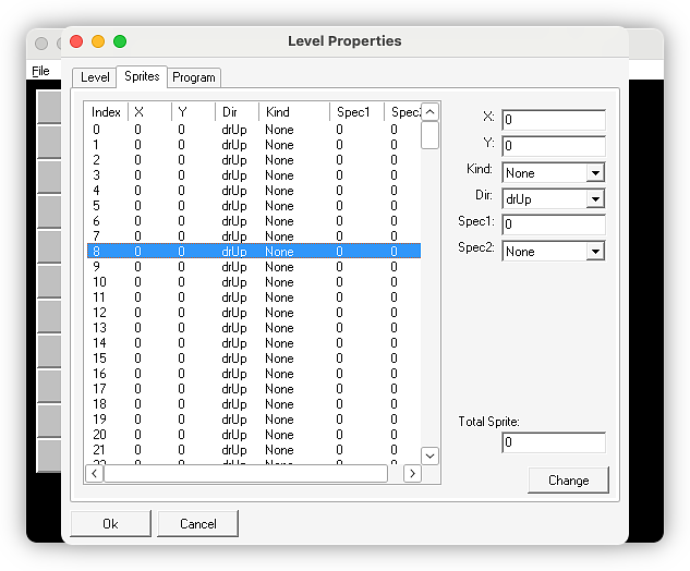 The "Level Properties" form in the level editor, showing how Sprites were configured. Adding sprites were an absolute nightmare.