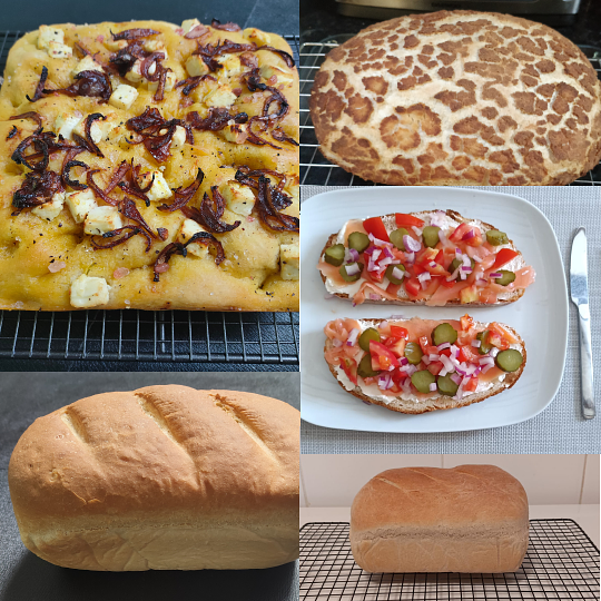 Photo of various breads.  Focaccia, Tiger, Plain