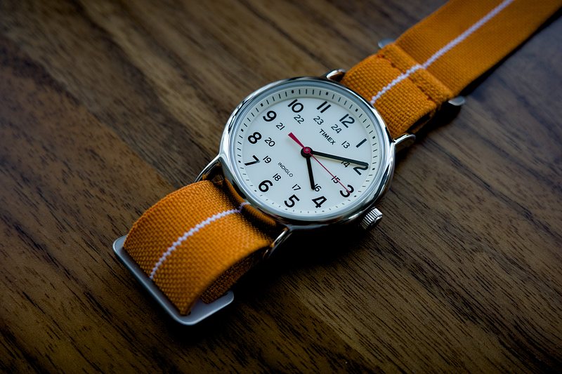 The Weekender seen from a lower angle, showing off the extremely legible dial.