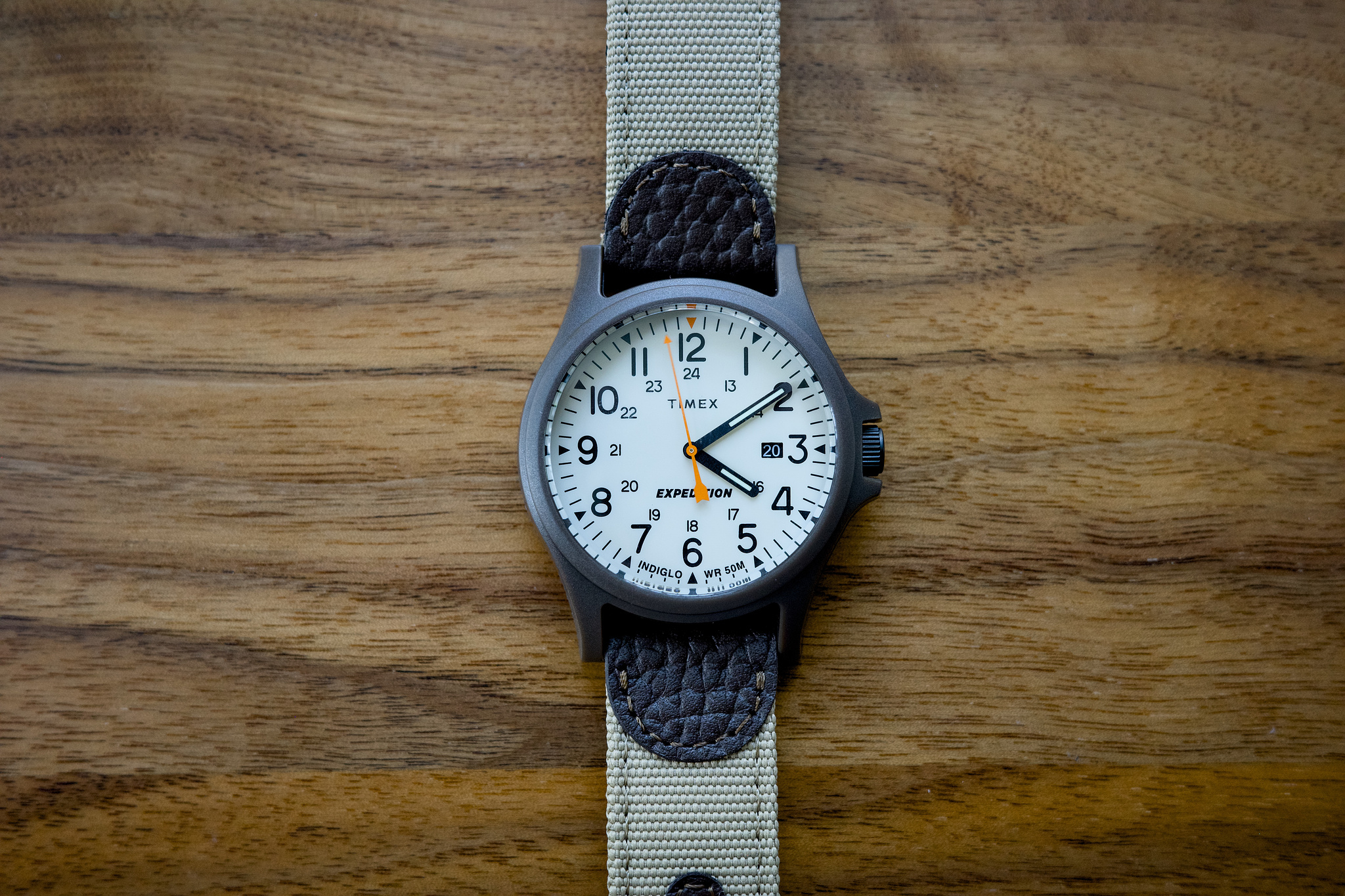 A Timex Expedition Acadia watch sits on a walnut desktop, with a canvas & leather strap.