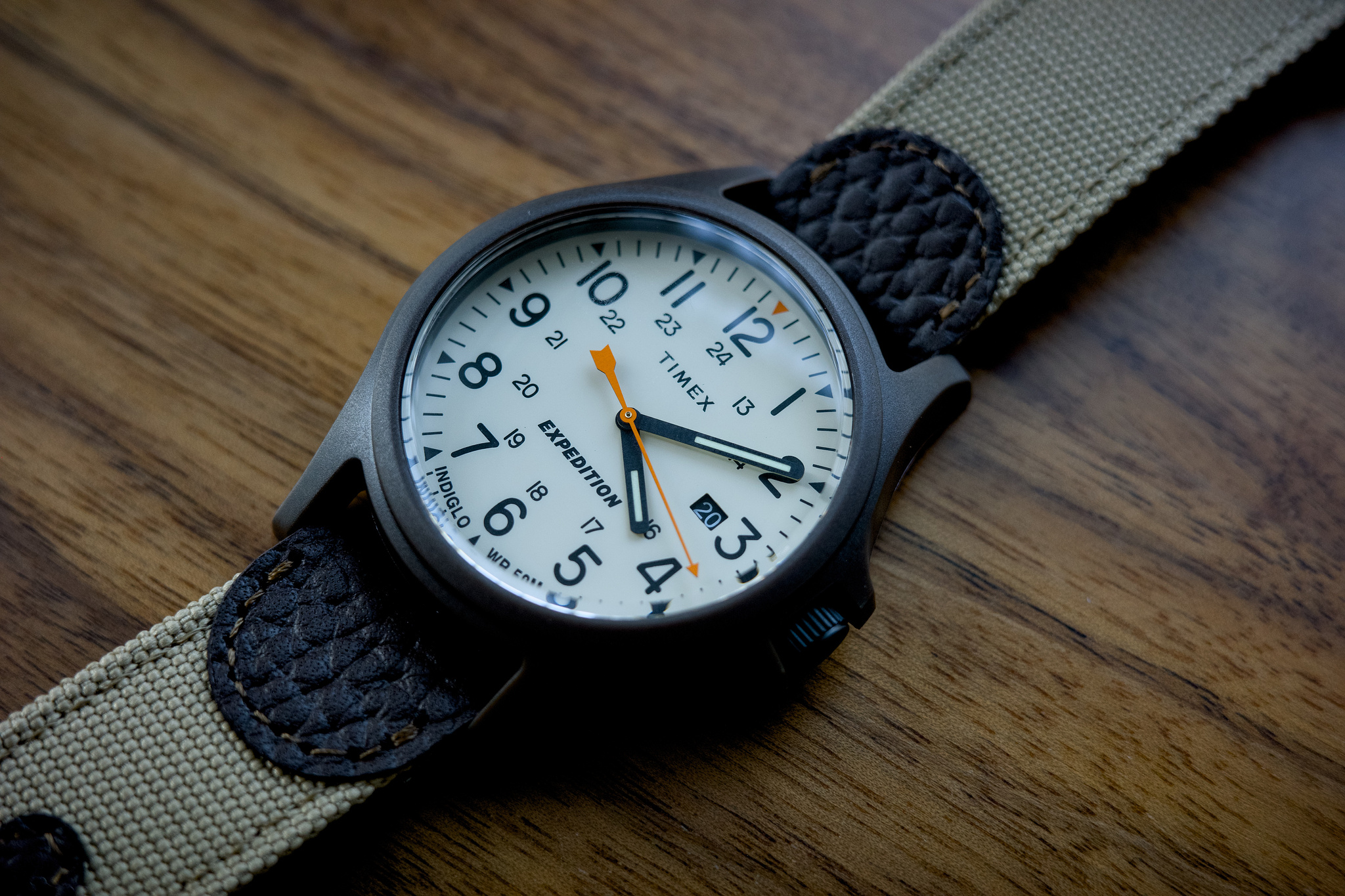 The Expedition Acadia seen from a lower angle, showing off the bright orange seconds hand and date complication.