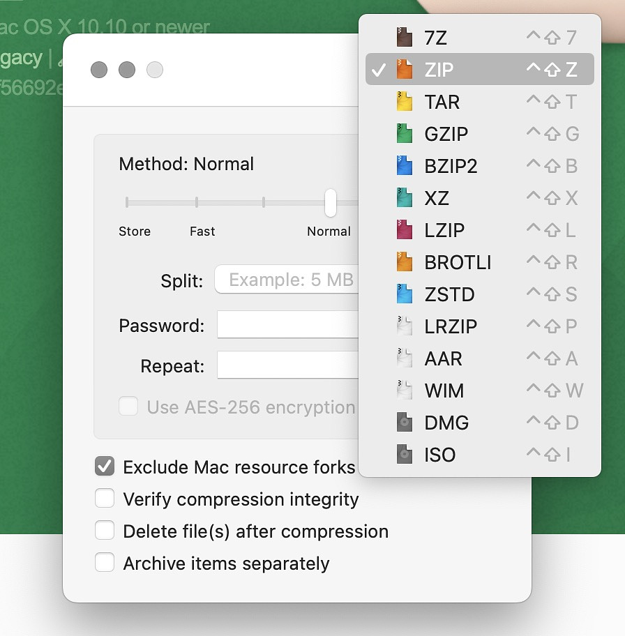 The Keka app interface, showing various compression methods