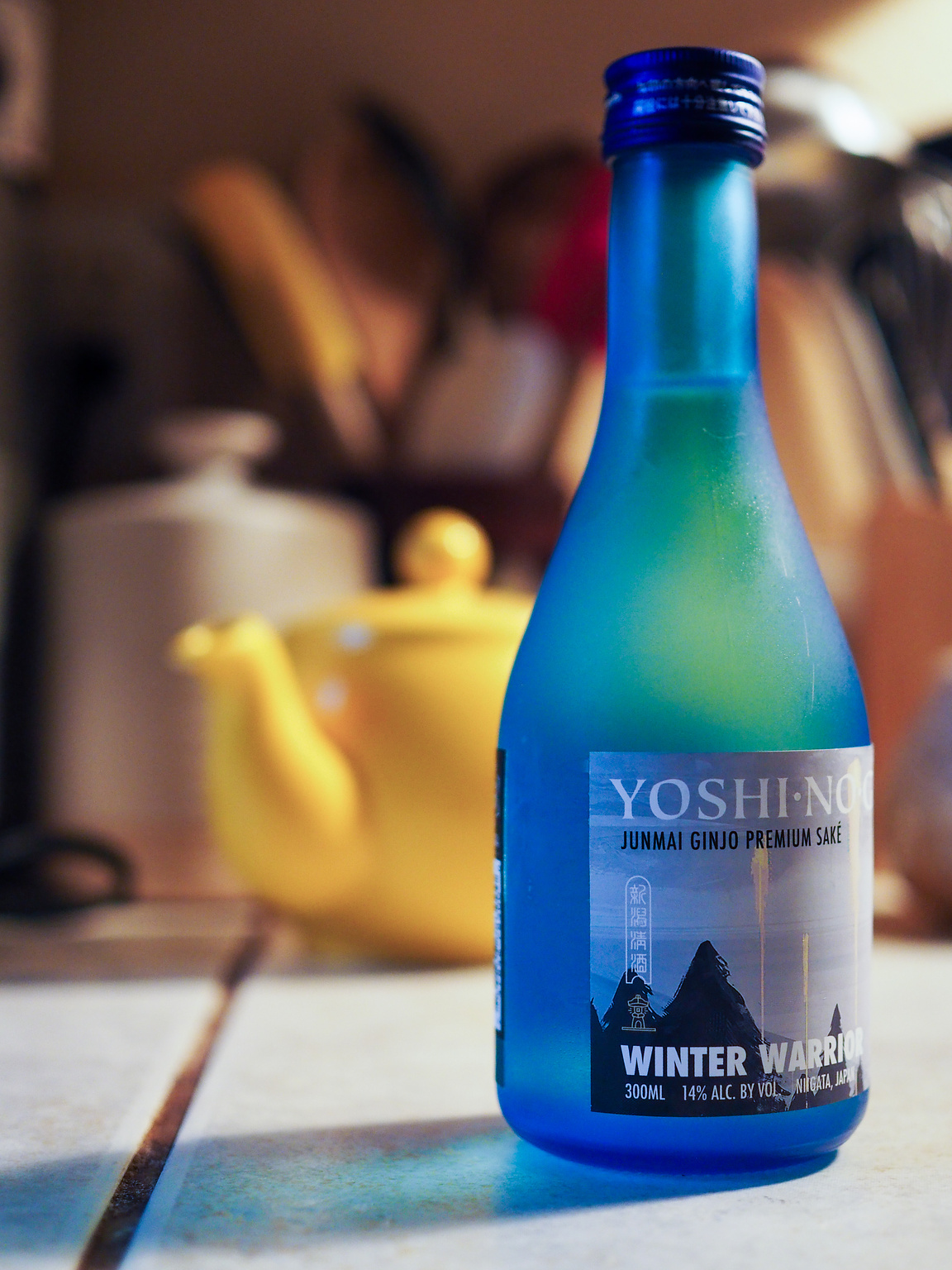 A blue sake bottle of Yoshi-No