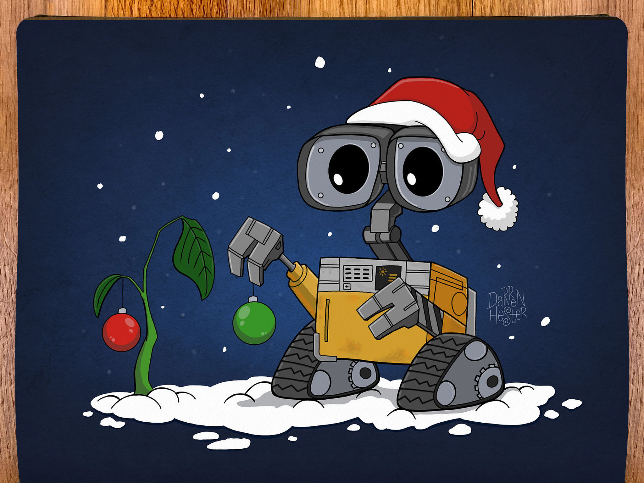 A sketch of WALL-E decorating a Christmas Tree.