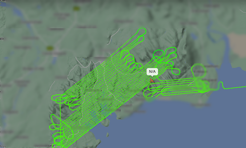 Flight path of a low flying aircraft sweeping back and forth across a small area