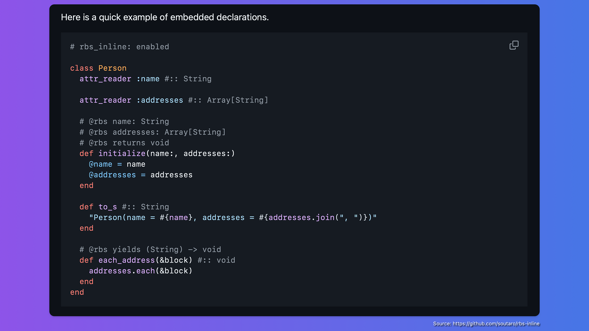 Code sample showing how RBS inline looks like