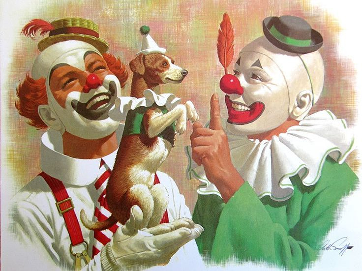 Painting of two clowns and a little dog in a circus hat from the cover of Locust Abortion Technician.